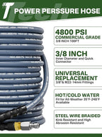 3/8" 4800PSI Pressure Washer Hose 100FT with Swivel Quick Connect for Cold/Hot Water Max 248°F, Kink Resistant Steel Wire Braided, Wear Resistant Power Washer Hose with M22 14mm Adapter