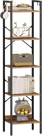 Bookshelf, Book Shelf, Industrial Bookcase with 2 Hooks, Coner Shelf Storage Organizer for Home Office, Living Room, Bedroom, Kitchen, 5-Tier Rustic Brown BC10501B