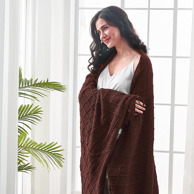 inhand Knitted Throw Blankets for Couch and Bed, Soft Cozy Knit Blanket with Tassel, Diamond Brown Lightweight Decorative Blankets and Throws, Farmhouse Warm Woven Blanket for Men and Women, 50"x60"