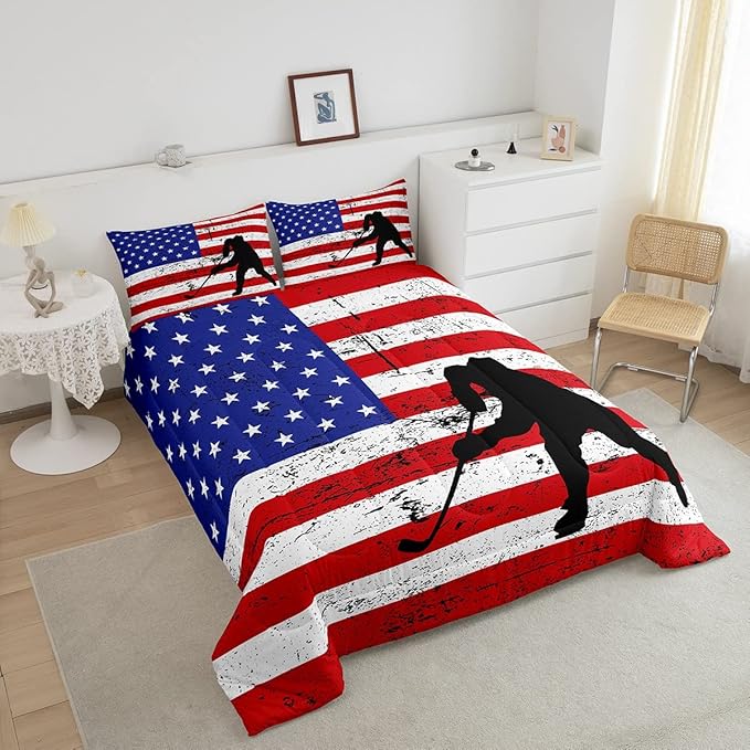 Erosebridal American Flag Comforter Set Queen, Hockey Bedding Set United States Sports Games Down Comforter for Kids Boys Teens Bedroom, Red White Geometric Stripes Duvet Sets with 2 Pillowcases