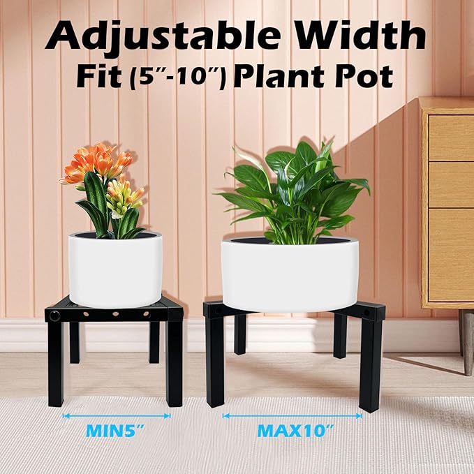 Four Legs Adjustable Metal Plant Stand for 5"-10" Plant Pot – Indoor & Outdoor (Black, 1 Pack)