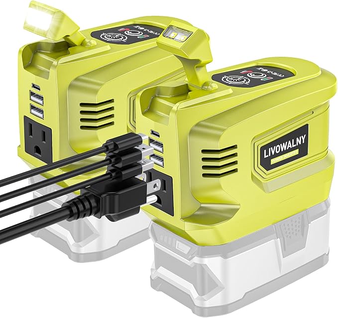 2 Packs Power Inverter for Ryobi 18V, LIVOWALNY Real 200W Battery Inverter 18V to 110V-120V, Portable Power Adapter Charger Adapter Power Station Power Supply 2 USB-A & 1 Type-C & 1 AC (No Battery)