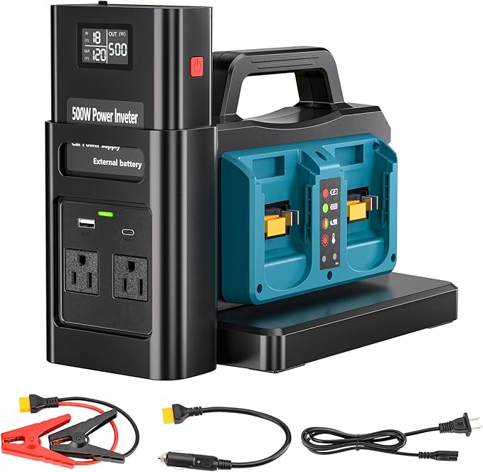 500W Pure Sine Wave Power Inverter for Makita 18V Battery, 4-Ports DC 18V to AC(2 Outlets) 120V Car Charger Plug Inverter Adapter Converter for Camping, Travel, Emergencies(Tool Only)