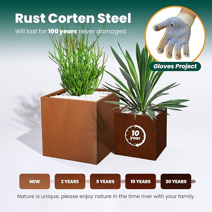 Corten Steel Planter Box Metal Outdoor Large Rectangular Rustic Durable Antique Detached for Commercial Residential Patio Deck and Backyard 17" x 17" x 18"