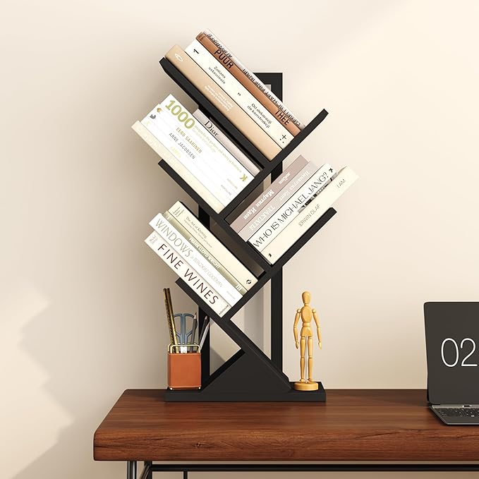 Yusong Tree Bookshelf, 5-Tier Small Bookcase with Metal Frame, Geometric Floor Standing Books Shelves Wooden Shelf for Office Desk Bedroom Tabletop Living Room Black