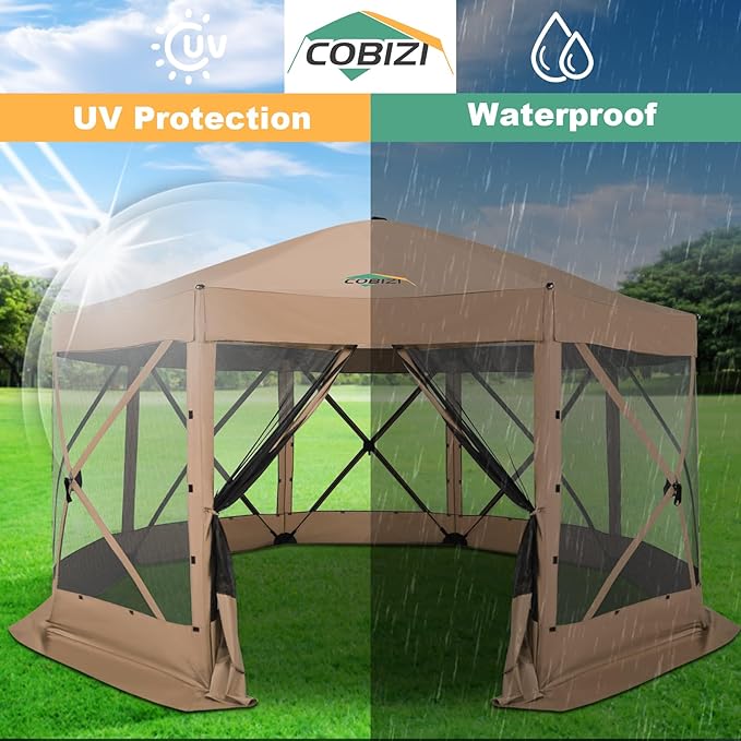 COBIZI 15x15ft Extra Large Pop Up Gazebo Canopy Tent with Mosquito Netting, Spacious Easy Set Up Screened Shelter, Durable Outdoor Pavilion with Ground Stakes, Perfect for Patio, Backyard,Khaki