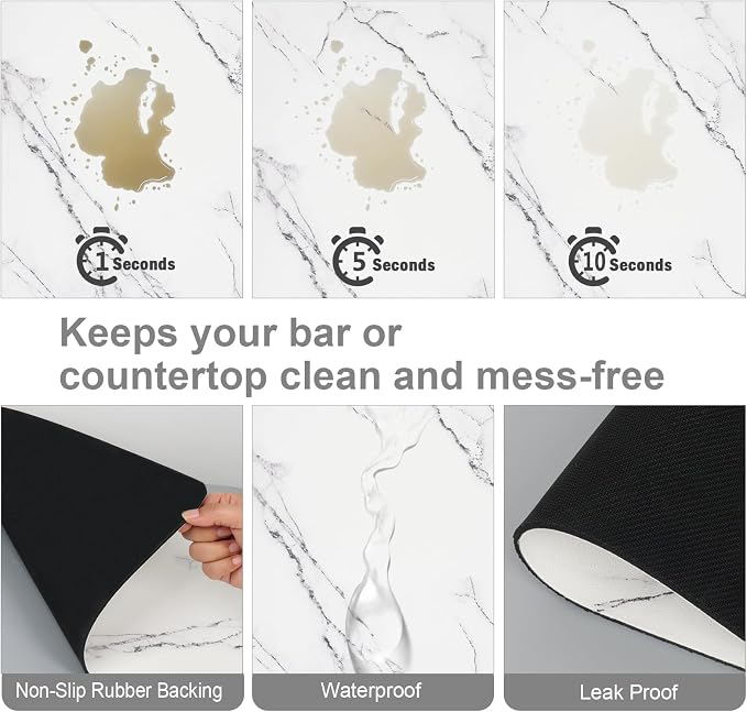 ZLR Coffee Bar Mat for Coffee Station, 16"x20" Large, Marble White | Absorbent Dish Drying Mat, Stain-Hiding Top, Non-Slip Back, Fits Espresso, Grinder, Knock Box, Frother & Cup Display