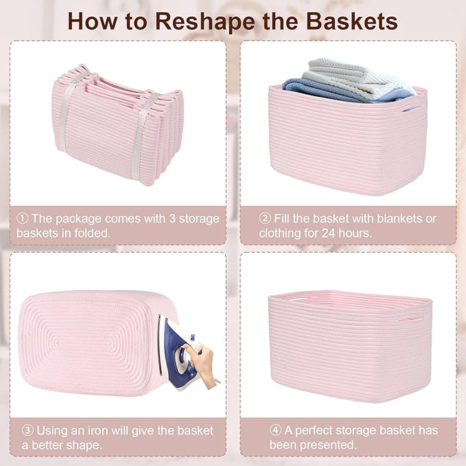 3-Pack Shelf Baskets for Organizing, Woven Storage Basket for Shelves, Cotton Rope Storage Bins for Toys Books, Nursery Towel Baskets for Classroom, 14.96"X9.8"X8.85", Pink