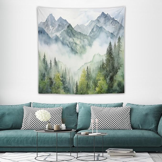 HZOHNAGO Mountain Tapestry Misty Green Forest Mountain Pattern Printed Wall Tapestry Wall Hanging for Bedroom Living Room Dorm 60" W x 60" H