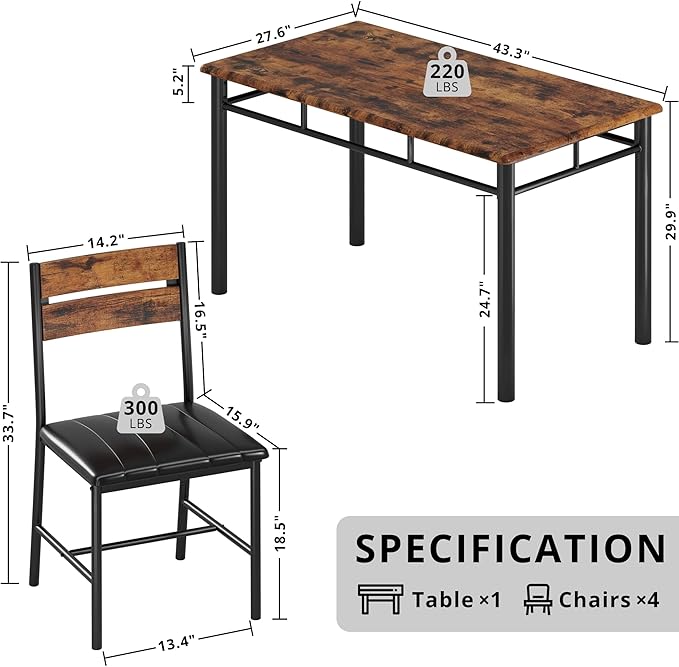 IRONCK Dining Table Set for 4, Rustic Brown | Wood Kitchen Table with Upholstered Chairs for Kitchen Room and Small Spaces