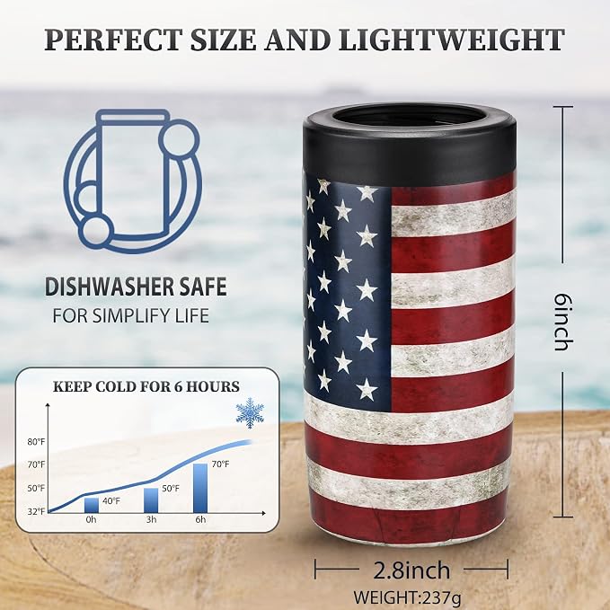Maxso Slim Can Cooler, 4-in-1 Double Walled Stainless Steel Insulated Beer Can Holder, Works With All 12 Oz Cans,Bottles & As A Pint Cups - America Flag