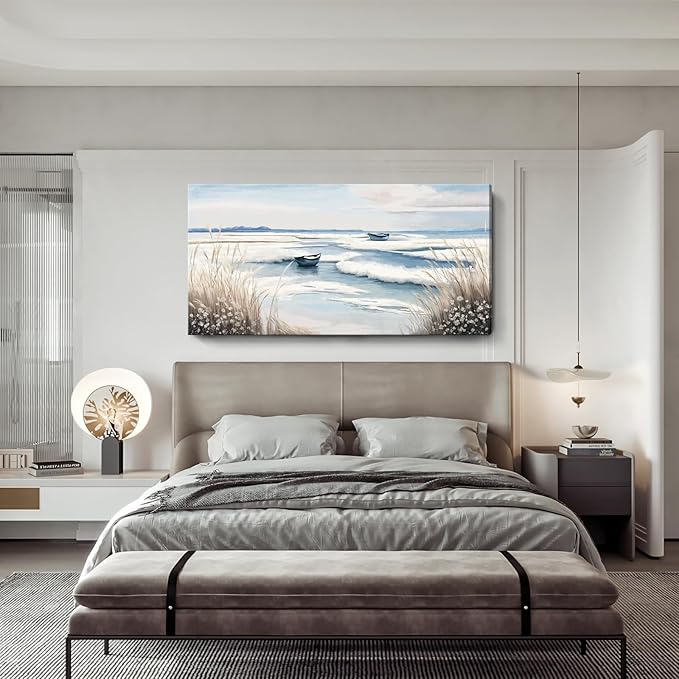 amatop Extra Large Wall Art for Living Room –Big Coastal Beach Minimalist Canvas Artwork with Sailboat Ocean Waves and Reeds Nautical Seascape Picture for Bedroom Decor Blue58x29 Inch