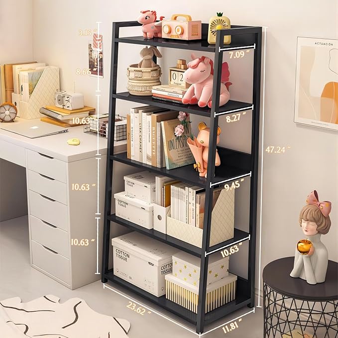 IOTXY 5-Tier Ladder Shelf Bookcase - Wood and Metal Modern Standing Bookshelf, Open Book Shelves Storage Rack, for Home Office, Living Room, Kitchen, Bedroom, Black