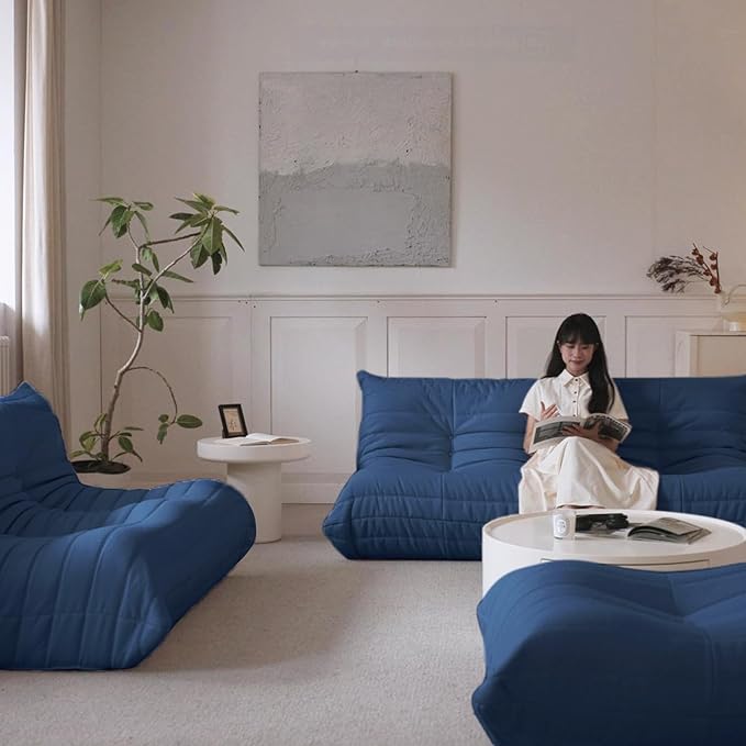 Luxury Sofa Couch Chair, Lazy Floor Seating, Fireside Bean Bag Chair, Ergonomic Tatami Sofa Lounger for Living Room, Bedroom, Office, 3 Seat, Blue