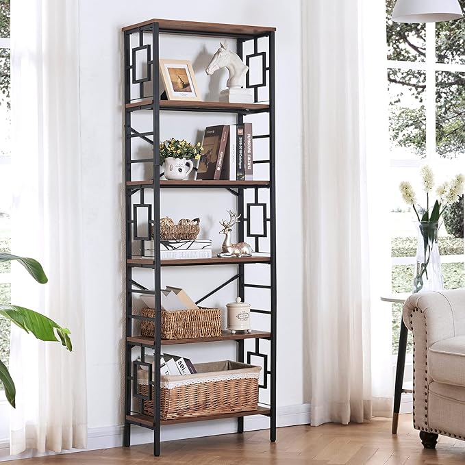 HOMISSUE Bookcase,6-Tier Tall Bookshelf Metal Bookcase and Bookshelves, Free Standing Storage Modern Bookshelf for Home Office Living Room and Bedroom, Rustic Brown