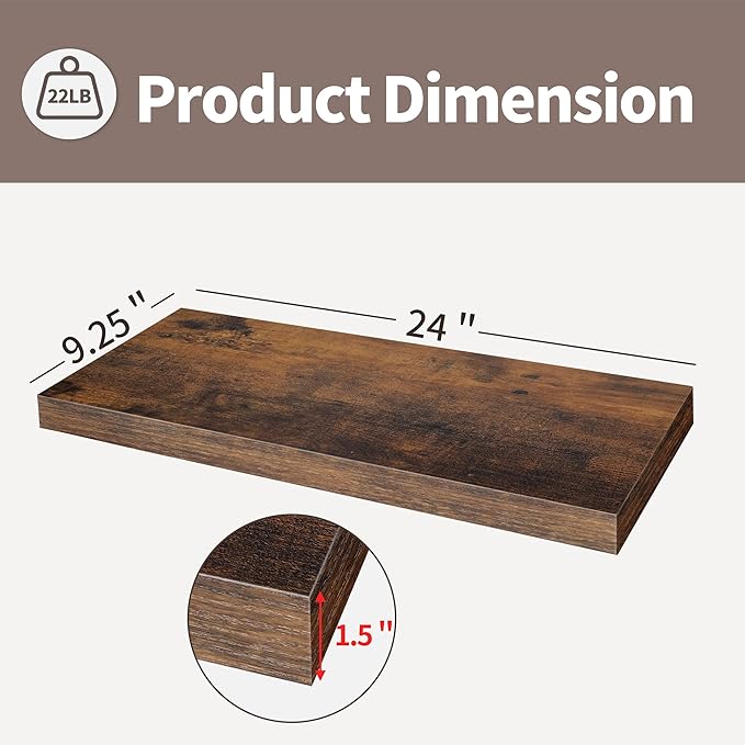 LaVie Home Floating Shelves, 24 Inch Wall Shelf Set of 2, Hanging Shelf with Invisible Brackets, Wall Decor for Bathroom, Bedroom, Living Room, Kitchen Storage, Rustic Brown