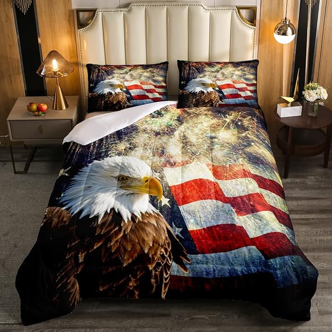 Erosebridal American Flag Comforter Eagle Room Decorative Comforter Set Queen Size Firework Bedding Set Wildlife Animal Bird Down Comforter Soft Lightweight Quilt Set with 2 Pillowcases