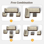 SUNVIVI OUTDOOR 7 Piece Patio Sectional Sofa Outdoor All Weather Brown PE Wicker Furniture Set, Paito Conversation Sofa Set with Glass Table, Removable Beige Cushions