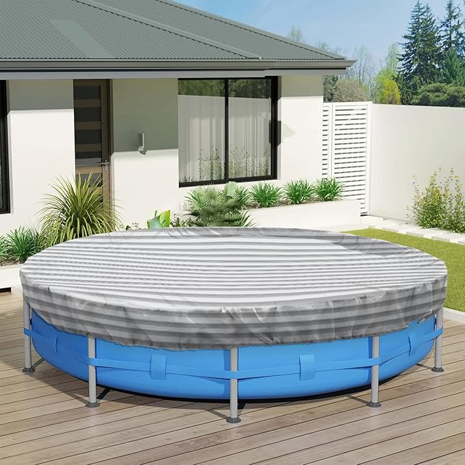 ECOOPTS 17 ft Round Pool Cover for Above Ground Pools, Swimming Pool Cover Protector Winter Safety Cover (Gray White Stripes)