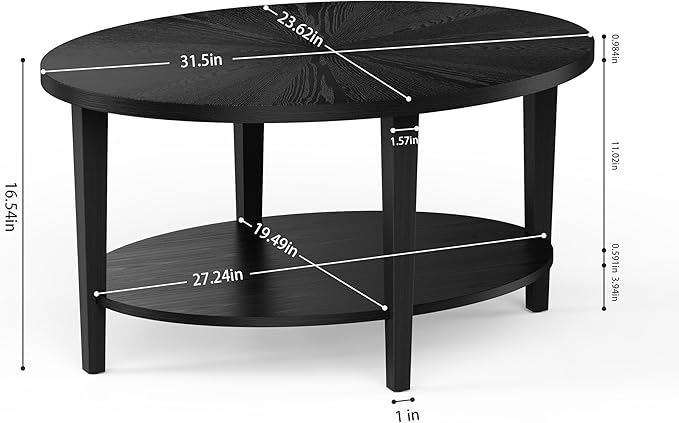 Solid Wood Oval Coffee Table for Living Room, 2 Tier Oval Rustic Coffee Table with Storage Shelf, Double Layer Center Table for Living Room, Easy Assembly