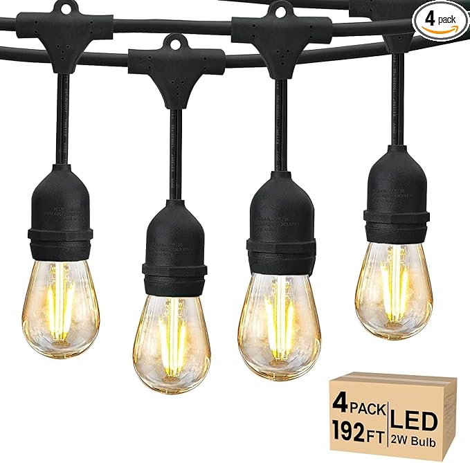 Svater 192 FT Outdoor String Lights 2W, Patio Light for Outside with 64 Antique S14 Plastic LED Bulbs, IP65 Waterproof Hanging Cafe Market Lighting, ETL-Listed Dimmable Warm White (48 FT x 4)