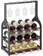 Bamboo Wine Rack Countertop, Small Free Standing Racks Tabletop Display | 12 Wine Bottles and 4 Glass Holder | Wooden Wine Storage Organizer Shelves for Kitchen Bar, Cellar, & Dining Room | Black