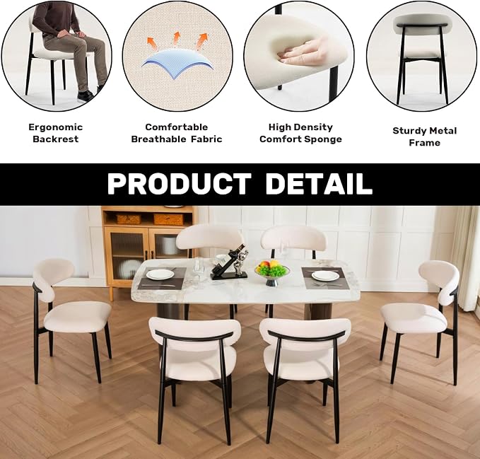 UVV Dining Chairs Set of 4, Metal Kitchen Chairs with Modern Fabric Upholstered for Dining Room, Beige