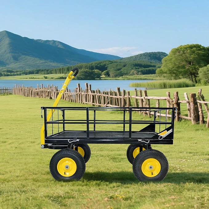 1200 lbs Steel Garden Cart, Heavy Duty Yard Utility Wagon with 10" Pneumatic Tires, Removable Mesh Sides and 180° Rotating Anti-Slip 2-in-1 Convertible Handle