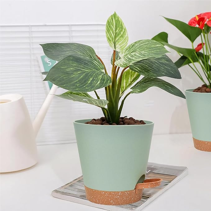 Planters for Indoor Plants 7/6.5/6/5.5/5 Inch, Self Watering Planters with Drainage Holes and Saucers 5 Pack Plastic Pots for Plants, Succulents, Herbs, Cactus, Flower Pots, Green
