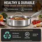 DELARLO Tri-Ply Stainless Steel Frying Pan,12 inch Skillet with Lid,6 Quart Saute Pan,Compatible with All Cooktops,Oven Up to 660℉,Chicken Fryer,Dishwasher-Friendly