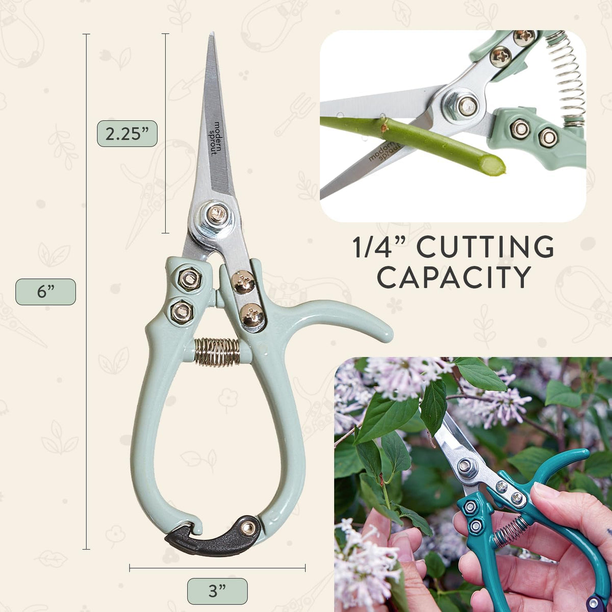 Modern Sprout Pruning Shears - Garden Snips - Herb Scissors - Sage 1-Pack | Lightweight Gardening Tool - Durable Carbon Steel Blade W/Easy-Lock - Gardening Supplies - Flower Cutter - Reusable Holster