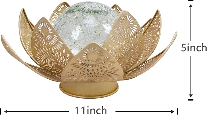 Solar Lights Outdoor Waterproof Lotus Flower Metal Yard Art Decoration Crackle Globe Glass Solar Lamp Garden Decor for Outside, Flowerbed Lawn Patio Porch Pathway Pond Decorations