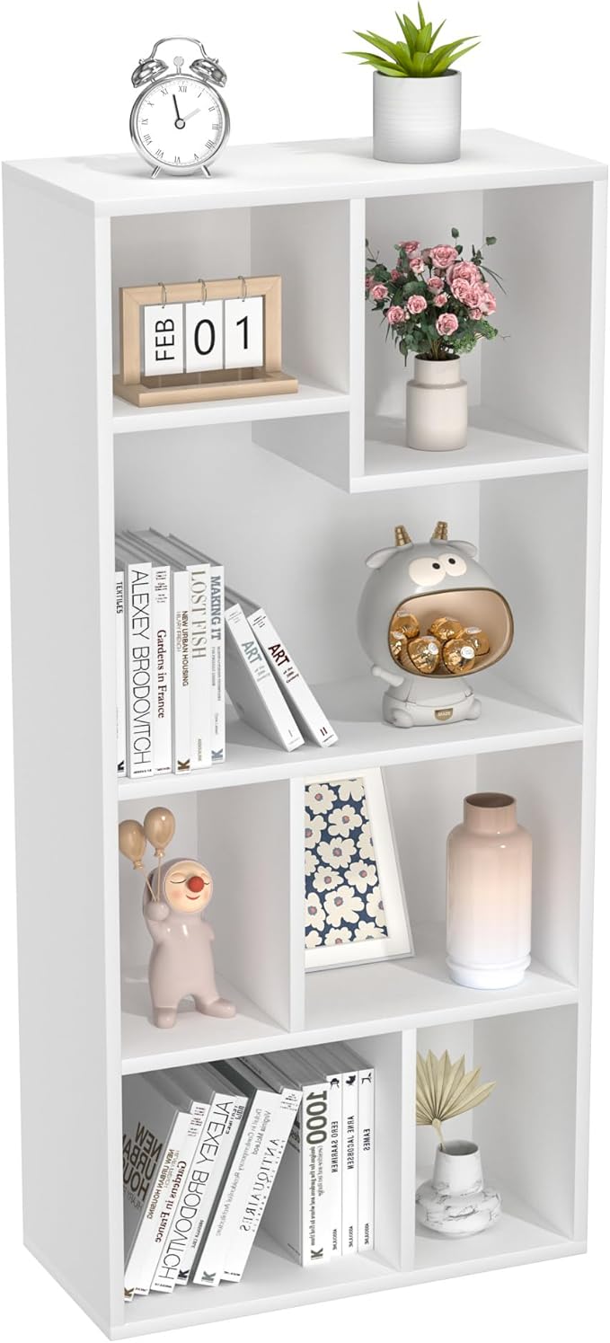 VECELO 42" Modern White Bookshelf, 7 Cube Organizer Bookcase,Fits Tallest Hardcovers, Horizontal Available,Floor Standing Display,Easy Assembly, Pearl White