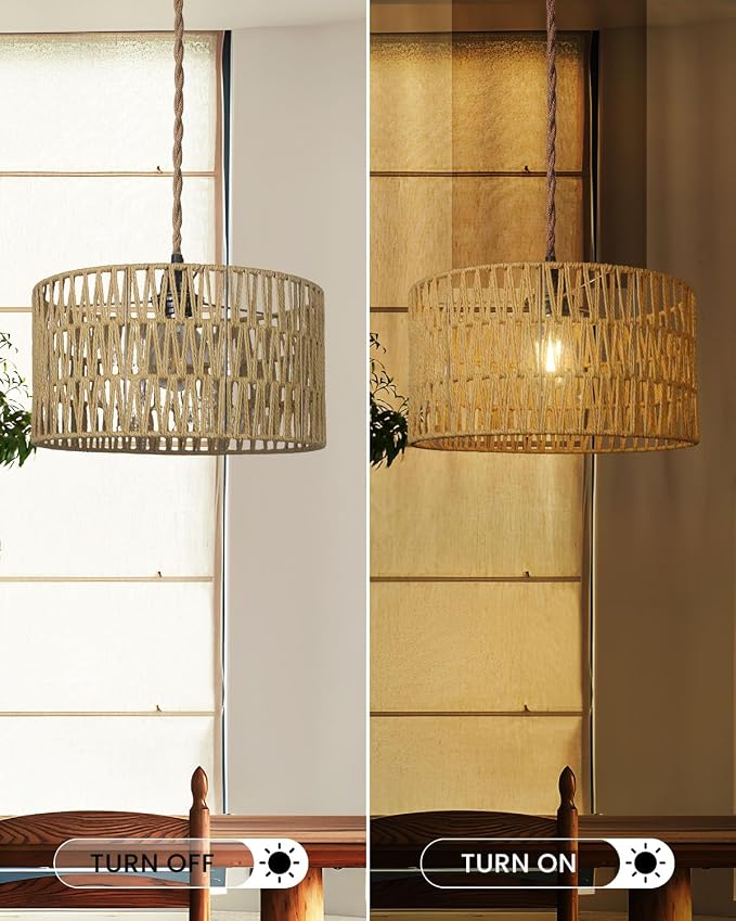 12.6 Inch Boho Hanging Light with Plug in Cord Rattan Hanging Lamp Hand Woven Rattan Wall Lightfor Bedroom, Living Room, Kitchen, Nursery, E26 Base, Indoor,Without Bulb