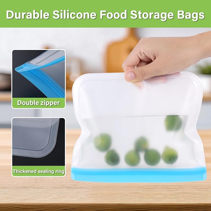 6Pack Gallon Freezer Bags, 11" x 10.6" Reusable Silicone Food Storage Bags - Leakproof, Lock Bags for Microwave, Dishwashe, Airtight Storage Bags for Lunch Container Organization