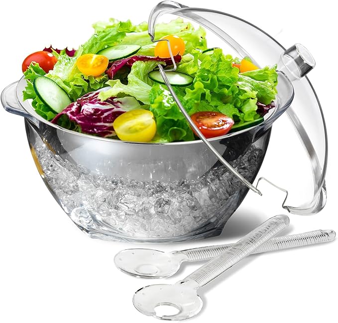 INNOVATIVE LIFE Large Salad Bowl with Ice Chiller Base and Lid, Kitchen Refrigerated Veggie Tray with Two Long Spoons, Party Platters for Food, Clear