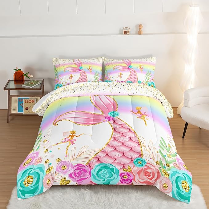 HOSIMA Mermaid Comforter with 2 Pillowcases,Girly Rainbow Bedding Set Glitter Pink Mermaid Tail Comforter Set,Flower Fairies Rose Gold Comforter Set,Floral Queen Comforter Set.