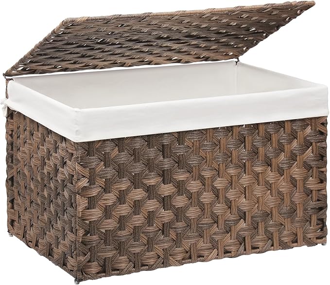 Wicker Storage Basket with Lid, 42.3 Gallon (160L) Large Blanket Basket with Lid, Woven Storage Bin with Handles, Removable Liner, Metal Frame, Foldable, for Bedroom, Laundry Room, Brown
