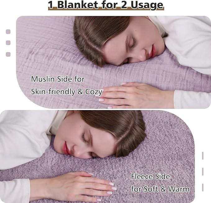 EMME Muslin and Fleece Queen Blanket Reversible - 80"*90" Lavender Soft Warm Throw Blankets for Couch Bed Picnic Travel Bed