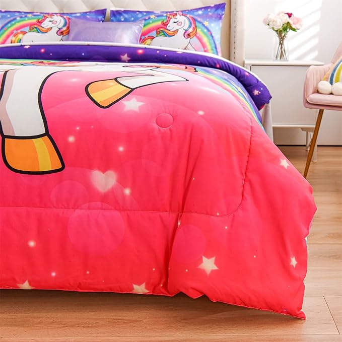 Aimuan Girls Unicorn Comforter Set 6 Pieces Pink Purple Bedding Set with Rainbow Star Galaxy Stars Fantasy Children Room Decor Soft Reversible Bed Sets for Boys/Girls/Teens (Pink-purple Twin6Pcs)