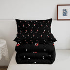 Cute Mushroom Kawaii Comforter Set Queen Kid Cartoon Bedding Set Red Mushroom Duvet Set Farmhouse Botanical Reversible Quilt Set Lovely Natural Wild Plants Comforter Set For Bedroom Decor, Black