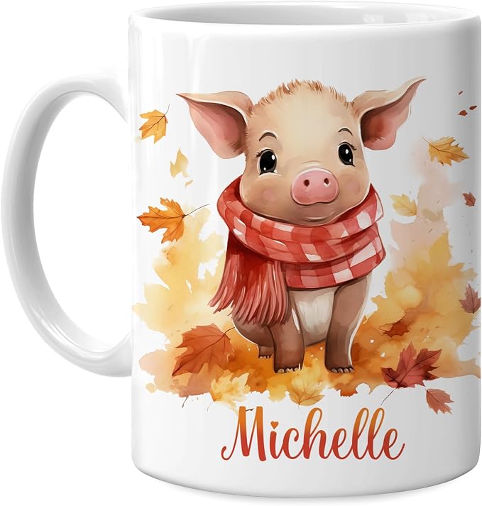 Hyturtle Personalized Fall Pig Maple Leaves Coffee Mug, Fall Autumn Décor | Birthday Gifts For Piggy Lovers - Pig Themed Gifts For Farmhouse Thanksgiving - Custom Name 11oz White Ceramic Coffee Tea Mug