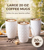 AmorArc Large Coffee Mugs Set of 4, 20oz Tall Coffee Mugs Set | with Texture Patterns for Cappuccino, Latte,Hot Cocoa, Dishwasher & Microwave Safe-Off White