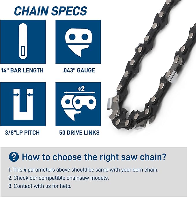3-Pack 14 Inch Chainsaw Chain, 3/8" LP Pitch .043" Gauge 50 Drive Links for 61PMM3-50 STIHL MS170, MS180C, MS193T, MS194T, 36100050050, Oregon R50 and More