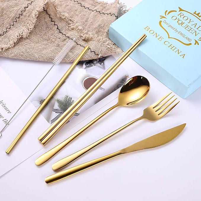 AARAINBOW 6 Pieces 18/8 Stainless Steel Flatware Set Portable Reusable Cutlery Set Travel Utensils Set Including Chopsticks Knife Fork Spoon Straws Cleaning Brush Dishwasher Safe (Golden)