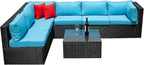 5 Pieces Outdoor Furniture PE Rattan Patio Sectional U Shaped Conversation Sofa Set with Table and 2 Pillows for Garden, Yark, Lawn, Backyard, Onesize, Black Wicker+Blue Cushion