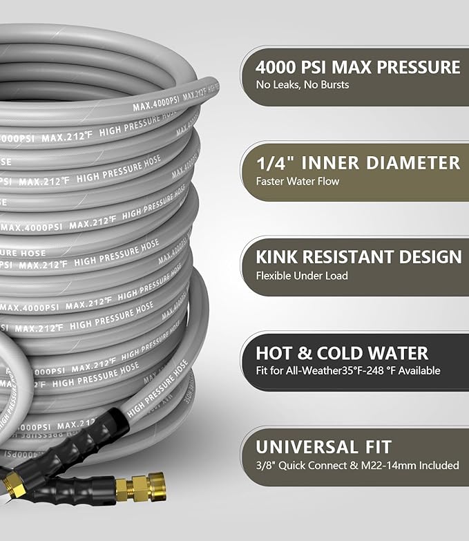 Pressure Washer Hose 200FT 4000 PSI, Kink Resistant Steel Braided Layer & NonMarking Rubber for Hot/Cold Water, High Power Washer Hose With 3/8 Inch Quick Connect & M22 Fitting, Gray