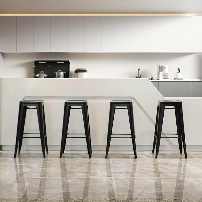 4-pcs 30-inch Backless Metal Bar Stool Stackable Heavy-Duty Counter-Height Chair for Home Bars Patios Kitchen Islands Cafes Restaurants Bistros and Dining Areas for Indoor & Outdoor, Black