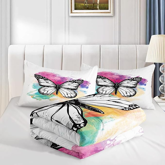CVHOUSE Butterfly Bedding Set,Butterfly Comforter Twin,Butterfly Comforter Set for Girls Kids Teens,Butterflies Quilt Set with 1 Comforter and 2 Pillow Cases- 3 Piece