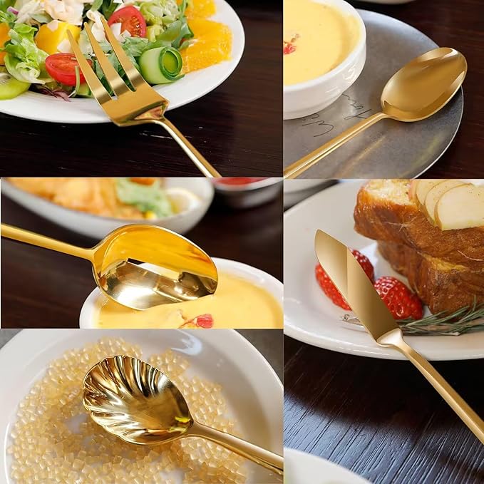 Silverware 45-Piece Gold Flatware Set with Serving Utensils Stainless Steel Thick Heavy Mirror Polished Cutlery Set for Wedding Hotel Restaurant, Service for 8